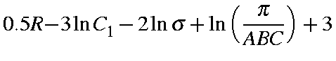$displaystyle 0.5R { -3ln C_1 - 2lnsigma + lnleft(frac{pi}{A B C}right) + 3}$